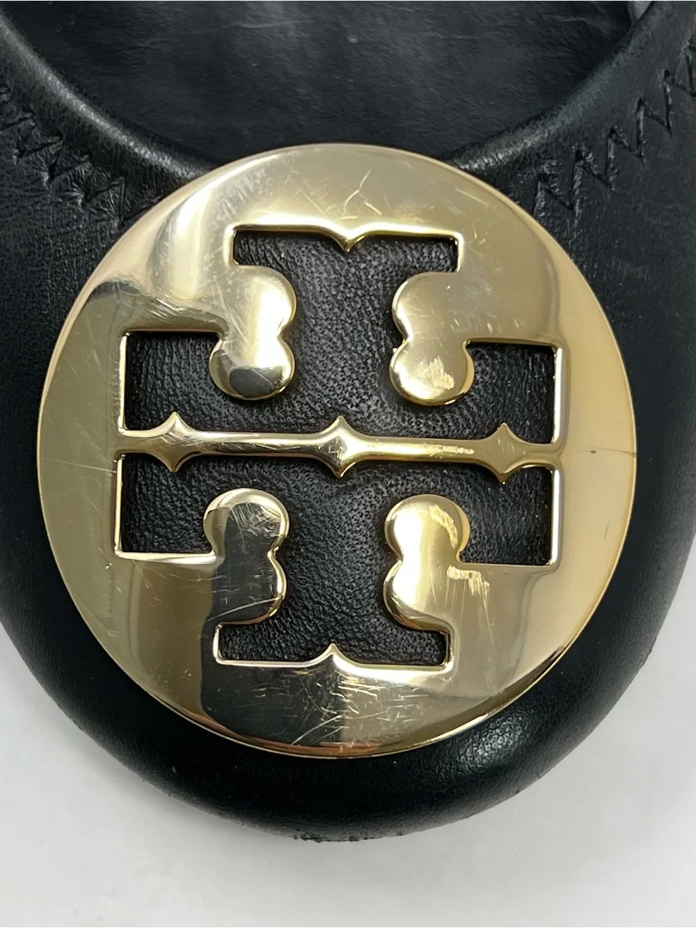 Tory Burch Black Leather Wedge Pumps with Gold Logo Disc